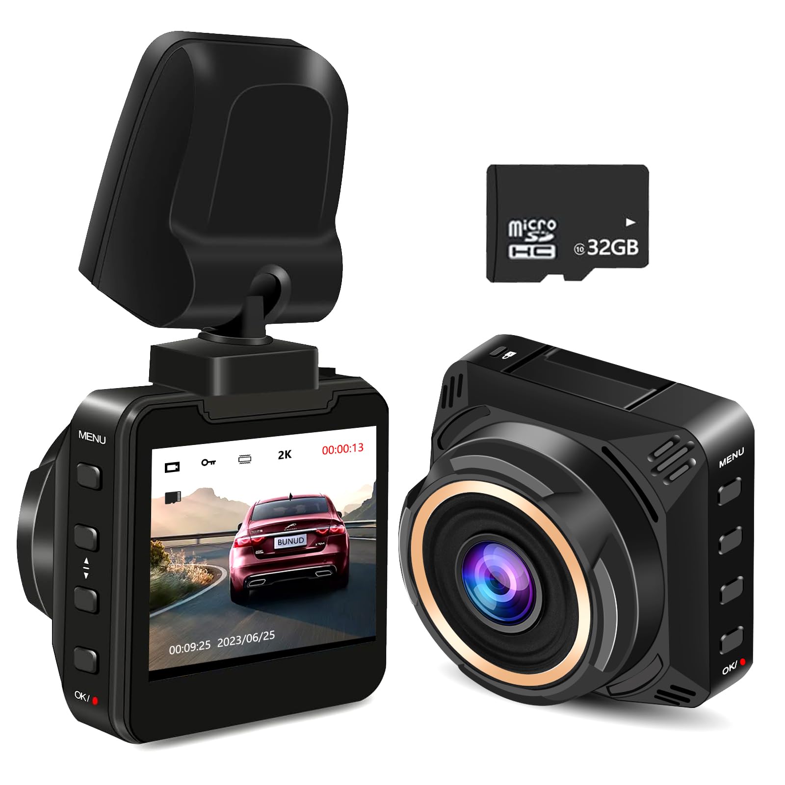 Dash Cam Front with 32 GB SD Card, 2K Full HD Dashcam for Car Dashboard Camera, 2 inch Dash Camera with LCD Screen, Parking Monitor, 170°Wide Angle, G-Sensor, Looping Recording