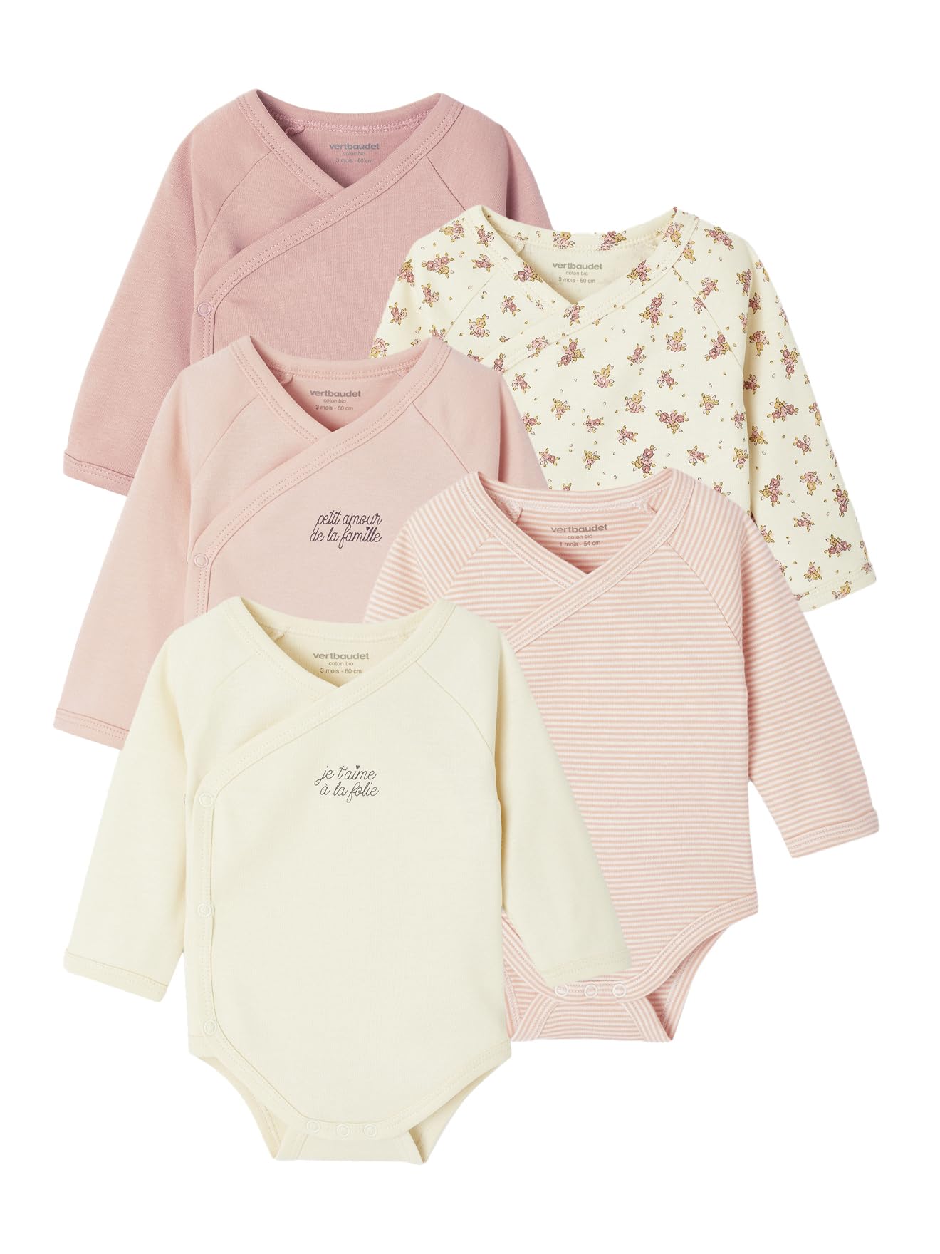 VERTBAUDET Lot de 5 Bodies Ouverture Naissance Coton Bio
