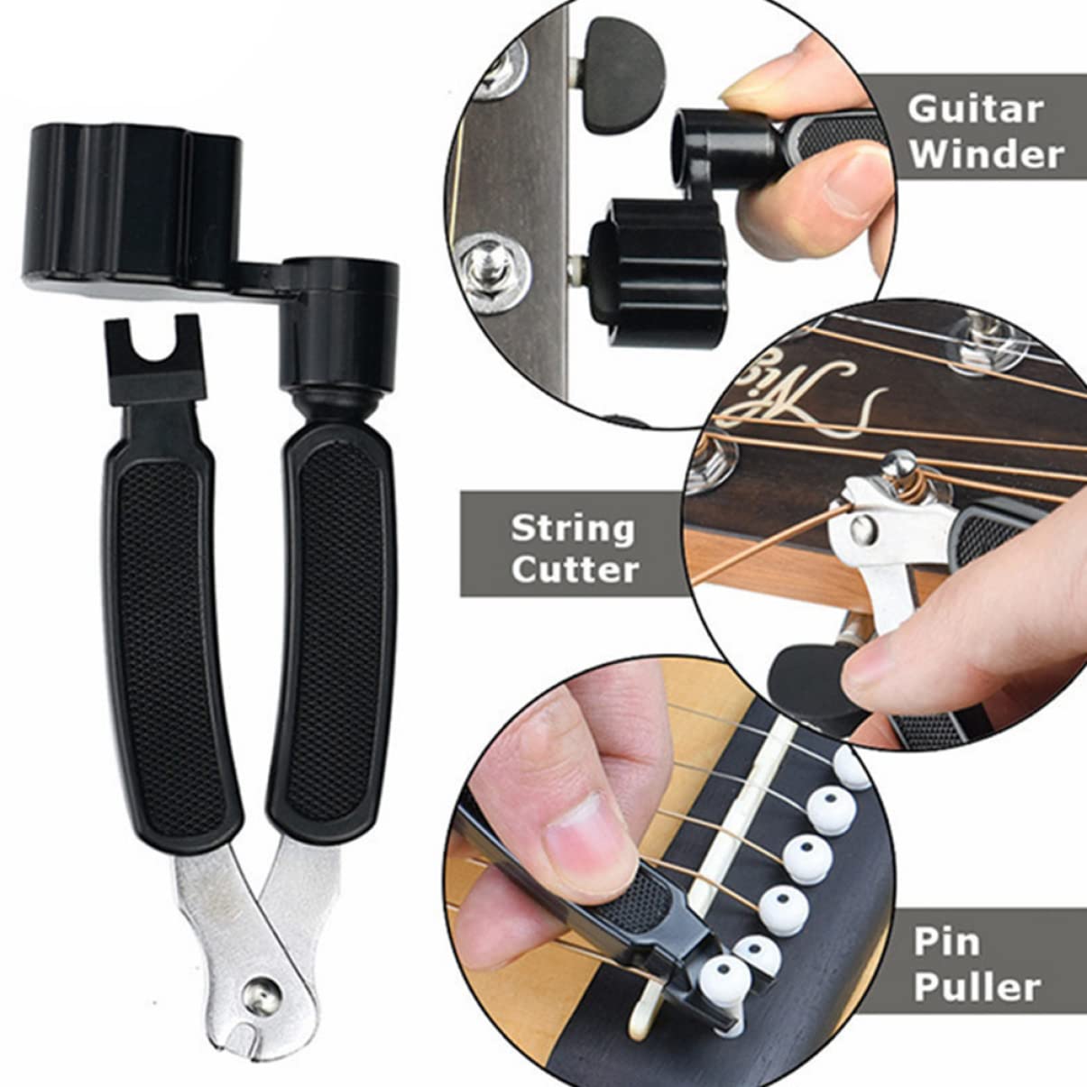 ibasenice 3pezzi Accessori Per Chitarra Capotasto Avvolgitore Di Corde e Plettri Kit Completo Per Chitarristi Facile Da Usare e Portatile Nero