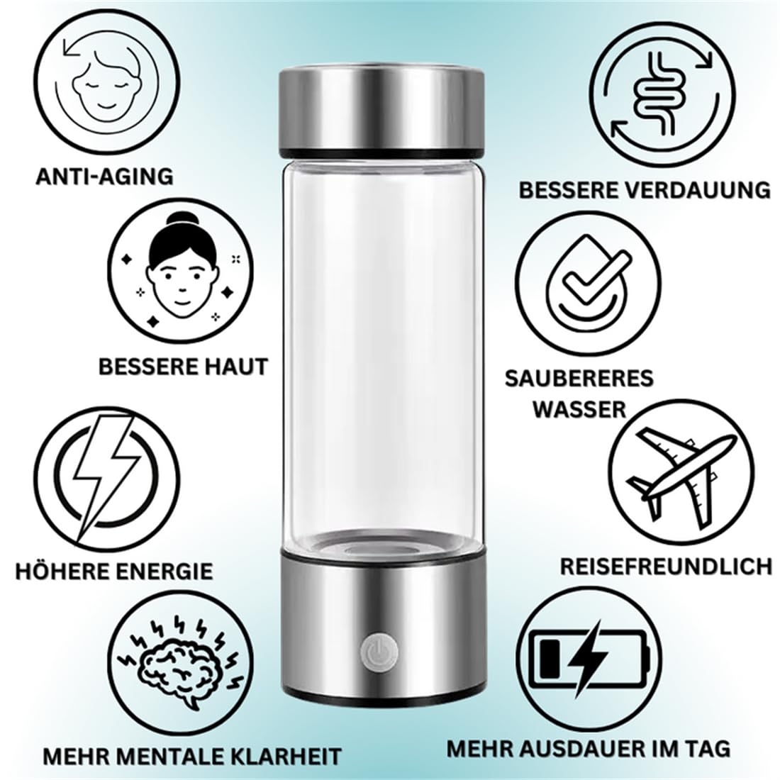 MEIION 420 ml Wasserstoff-Wasserflasche – SPE & PEM-Technologie für 3000+ ppb in 3 Min, Premium Borosilikatglas & Edelstahl, USB-C – ideal für Büro, Reisen, Sportler & Gesundheitsbewusste