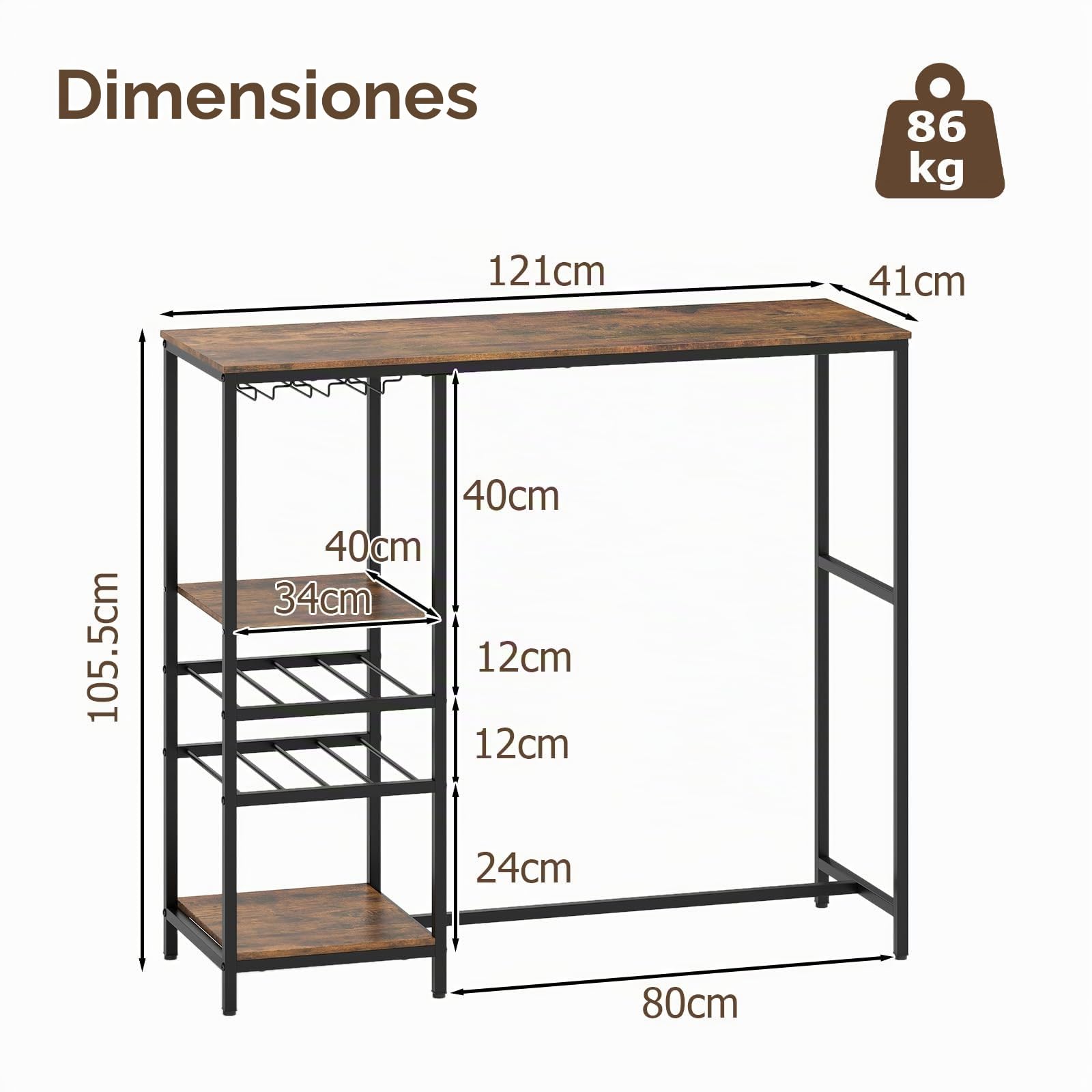 LIFEZEAL Mesa de Bar de 5 Niveles, Mesa Alta Cocina con Amplia Superficie， Mueble de Almacenamiento con Estantes Abiertos y 2 Portavasos Debajo de la Bandeja, Estructura de Metal Sólida