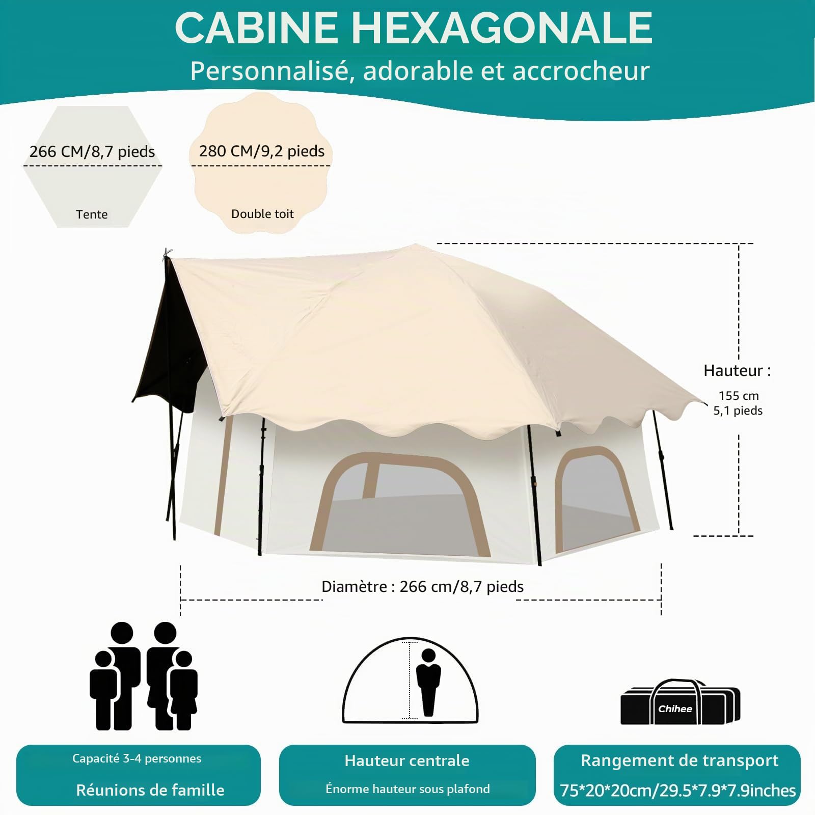 Chihee Tentes de Camping Pop-Up Stand-up Tente familiale avec auvent avec auvent 4 Personnes Tente d'extérieur avec moustiquaire Grande capacité, Imperméable et Coupe-Vent, Installation Facile