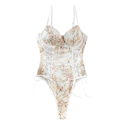 Lace-Up Sheer Floral Embroidered Teddy
