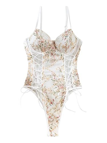 Lilosy Women Sexy Lace Up Floral Embroidered Teddy Lingerie Bodysuit Top Mesh Sheer One Piece - Large - Crushed Flower White
