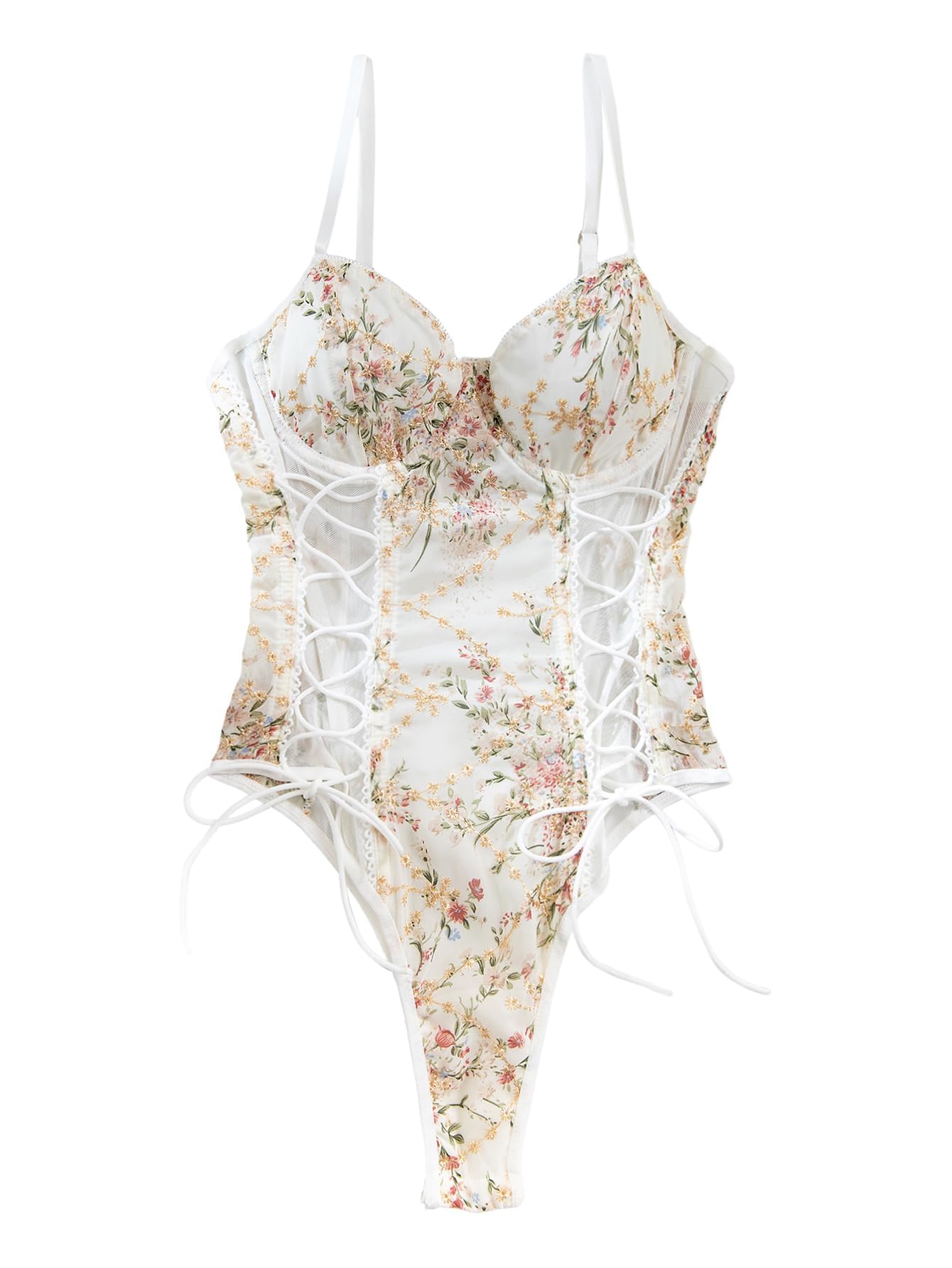 Lilosy Women Sexy Lace Up Floral Embroidered Teddy Lingerie Bodysuit Top Mesh Sheer One Piece: Small Underwire Flower White