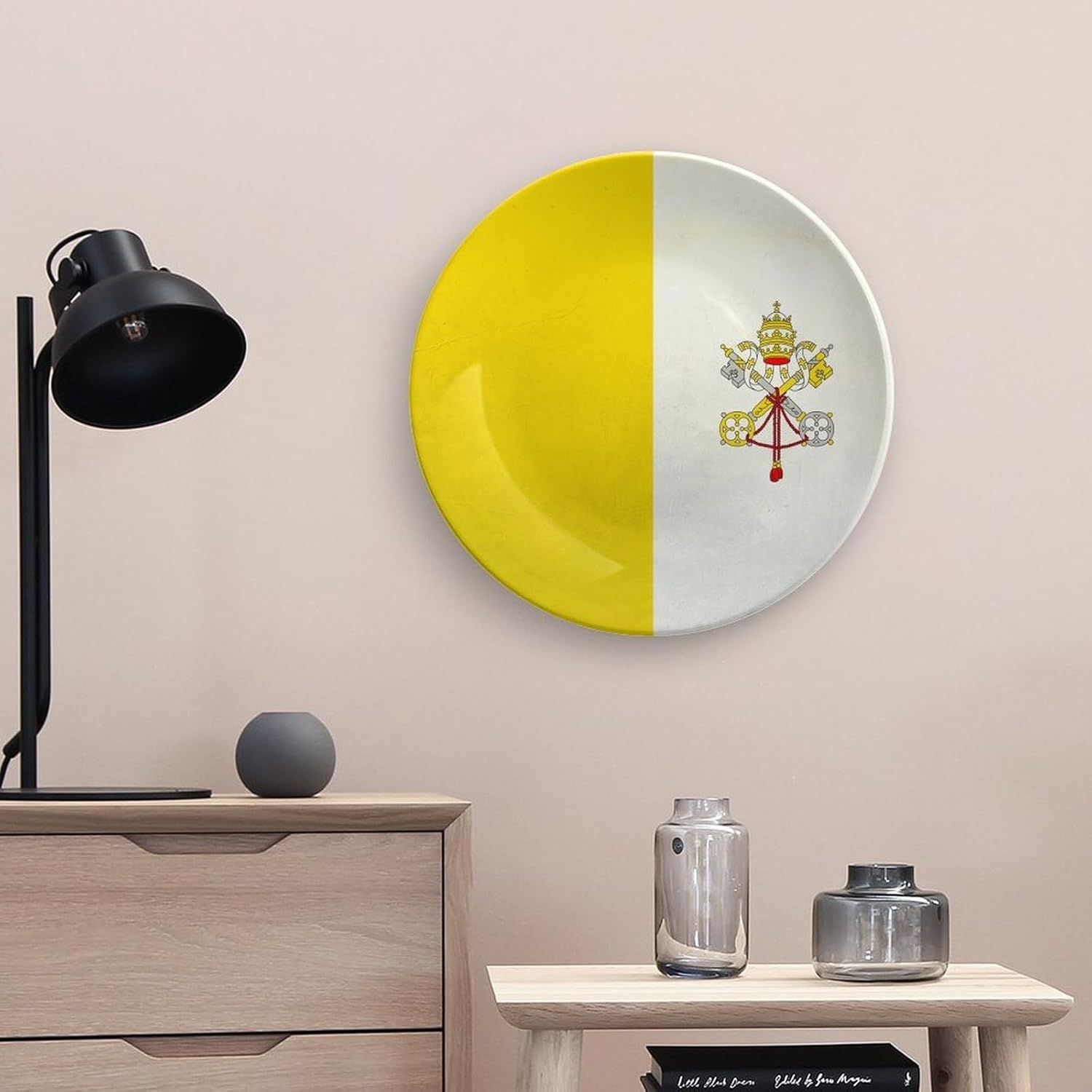 Flag of The Vatican City Printed Decorative Plate with Display Stand Handmade Ceramic Ornament Hanging Wall Decor for Foyer Home Office