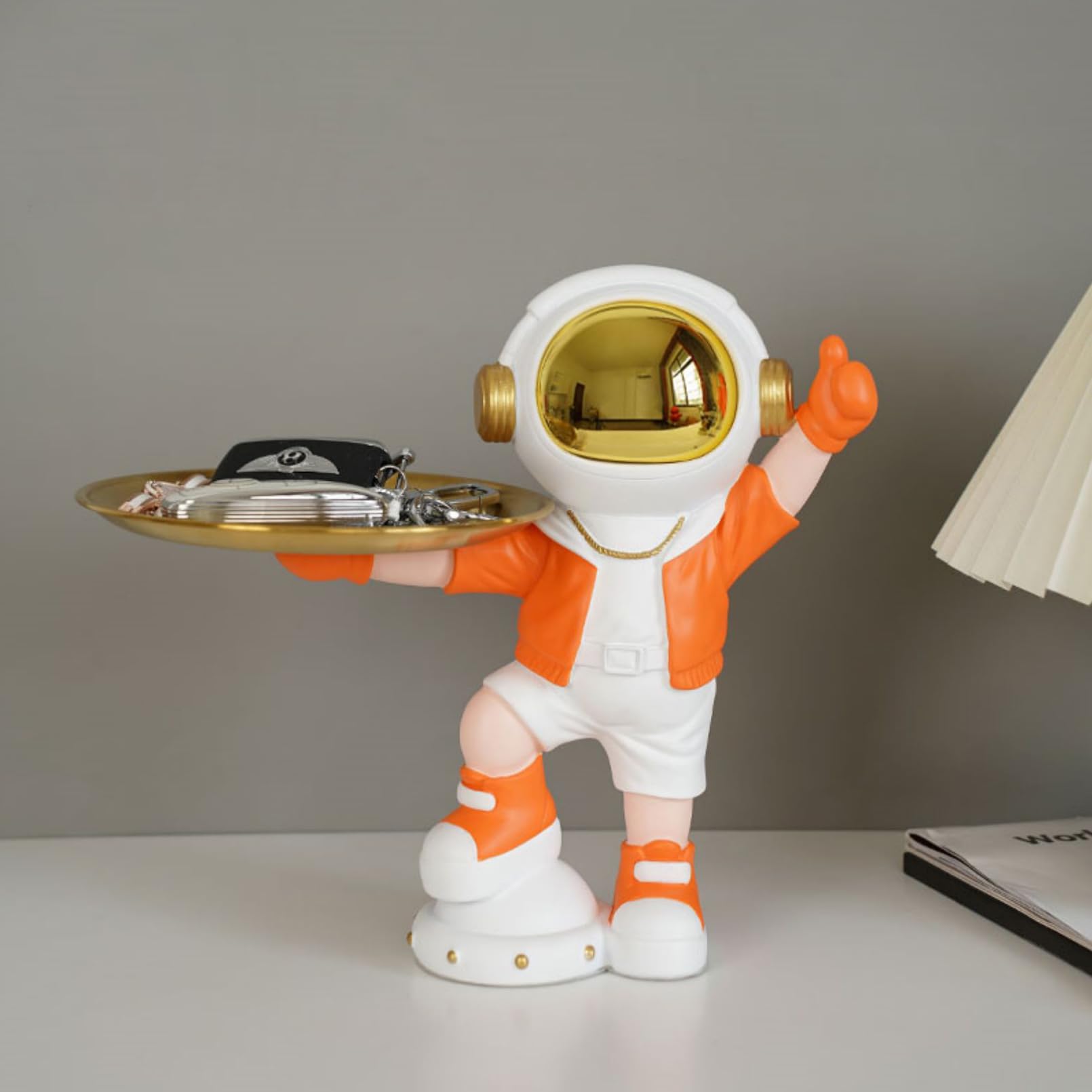 Cutfouwe Astronaut Storage Sculpture with Tray, Key Bowl Jewelry Storage Box Deco Living Room,Orange,D