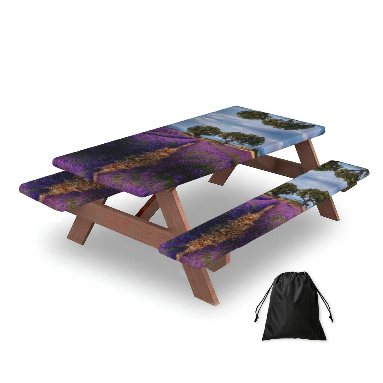 ESNAIUVCD Lavender Fields Print Picnic Table Cover With Bench Covers,Camping Essentials,Fitted Tablecloth Cover With Elastic Edge, For Indoor & Outdoor 3 Pcs
