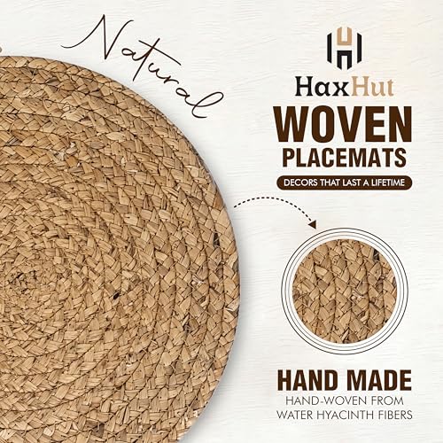 Image of Round Woven Placemats Set of 4, Wicker Placemats for Dinner Plates | 13.5 Inch Natural Rattan Boho Style Braided Place Mats, Non-Slip, Heat Resistant, Dining Table Chargers with Bag for Storage