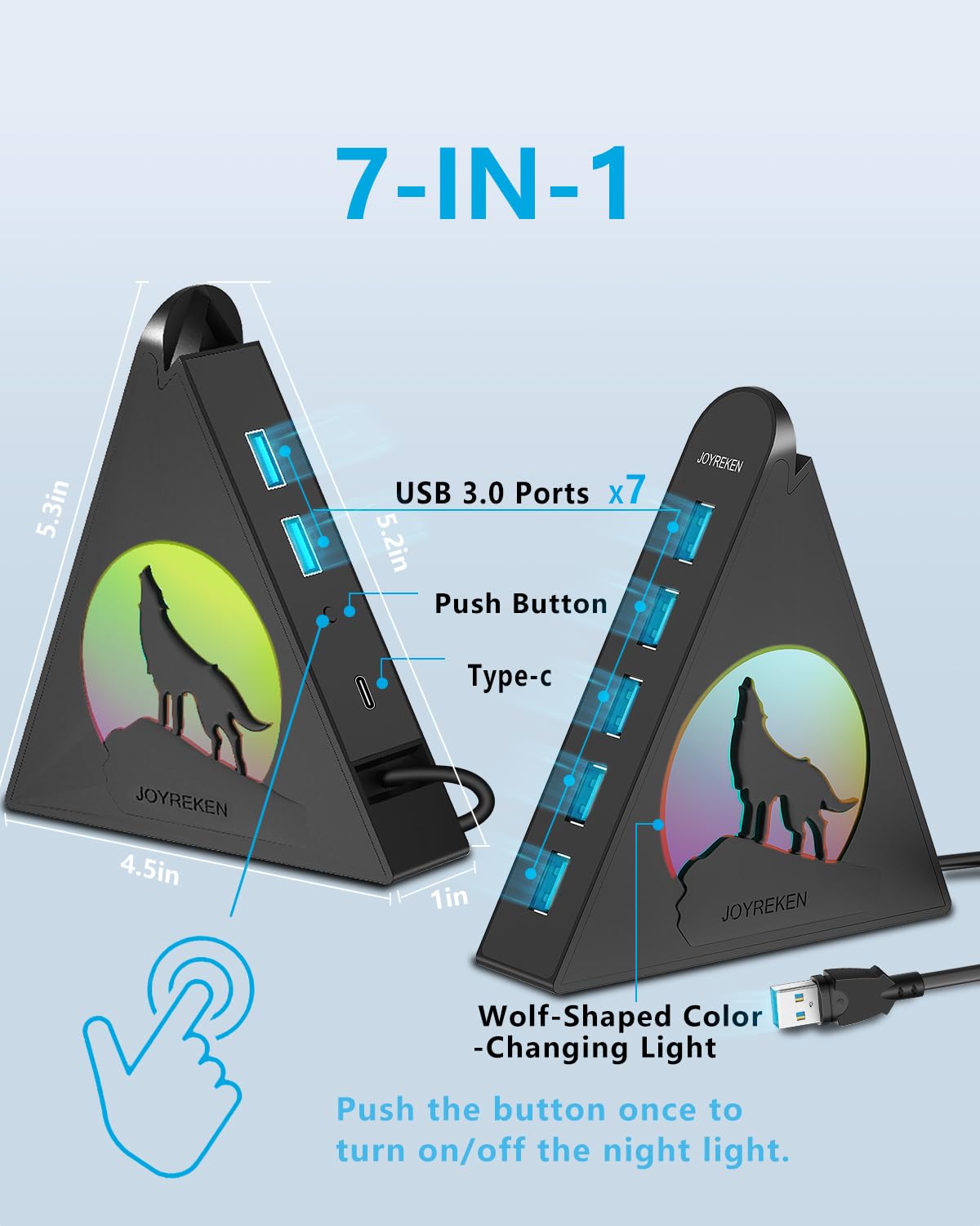 Concentrador USB 3.0 de 7 puertos, concentrador USB JoyReken para PC con cable de 2 pies de largo, concentrador de extensión USB vertical para escritorio, laptop, MacBook, Xbox, PS4/5, unidad flash,