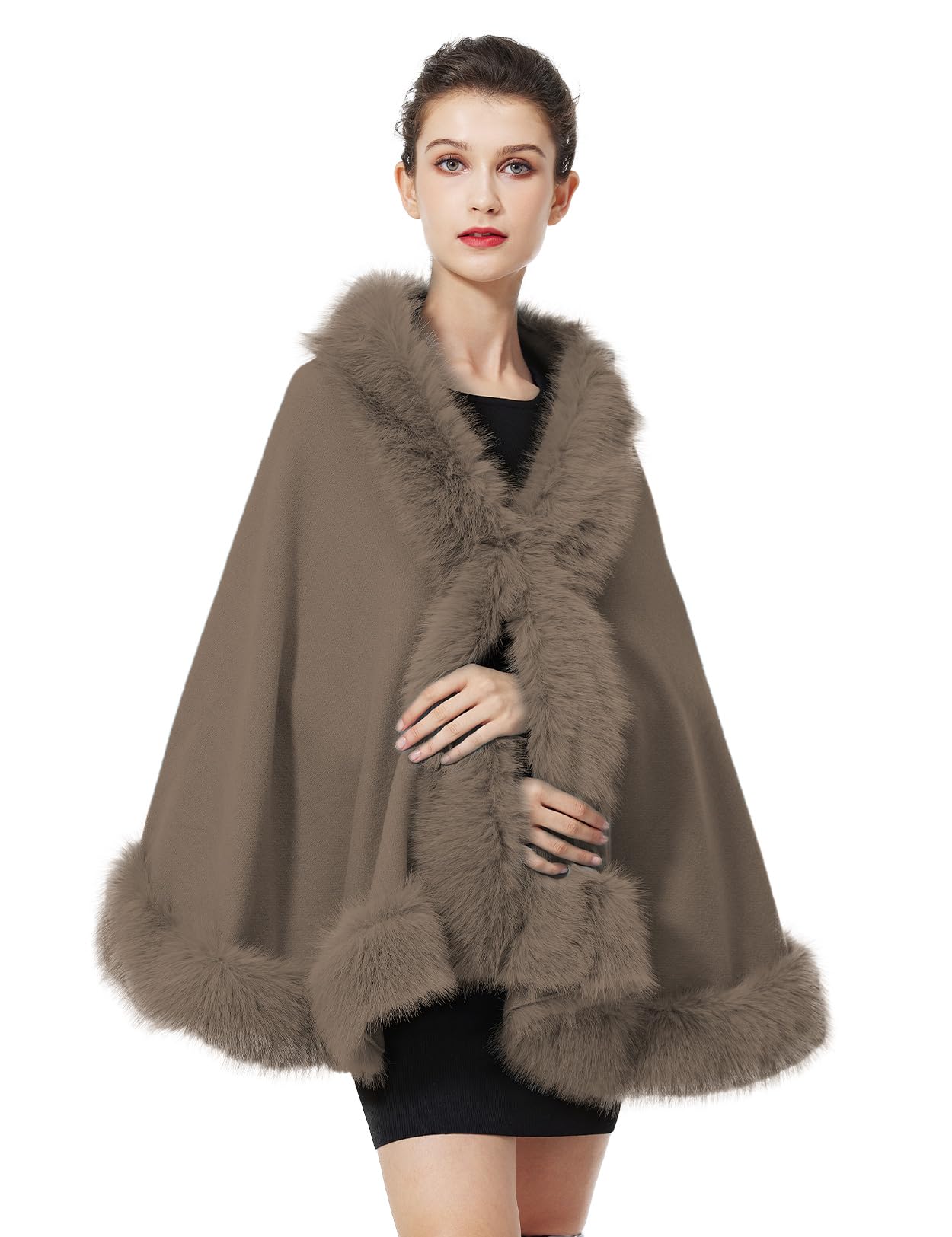 BEAUTELICATE Châle Tricoté Étole en Fausse Fourrure Cape Poncho Chaud De Femme Mariage Hiver sur Robe de Soirée Mariée(Taille Unique, Tissu Amélioré-Kaki)