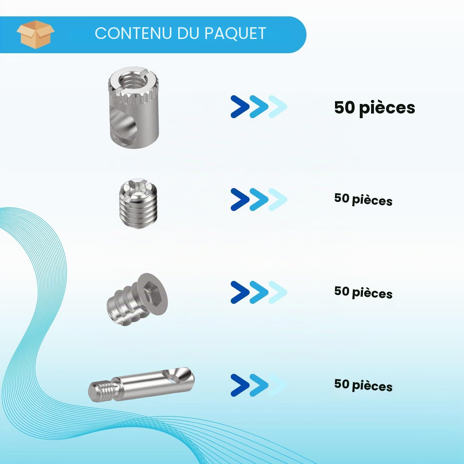 Evotrade KIT 50 Pièces - Ensemble Complet d'Outillage pour Assemblage et Montage de Meubles - Barilotto 10MM + Grano M6 + Tirante + Bussole (Tirante L. 45 mm)