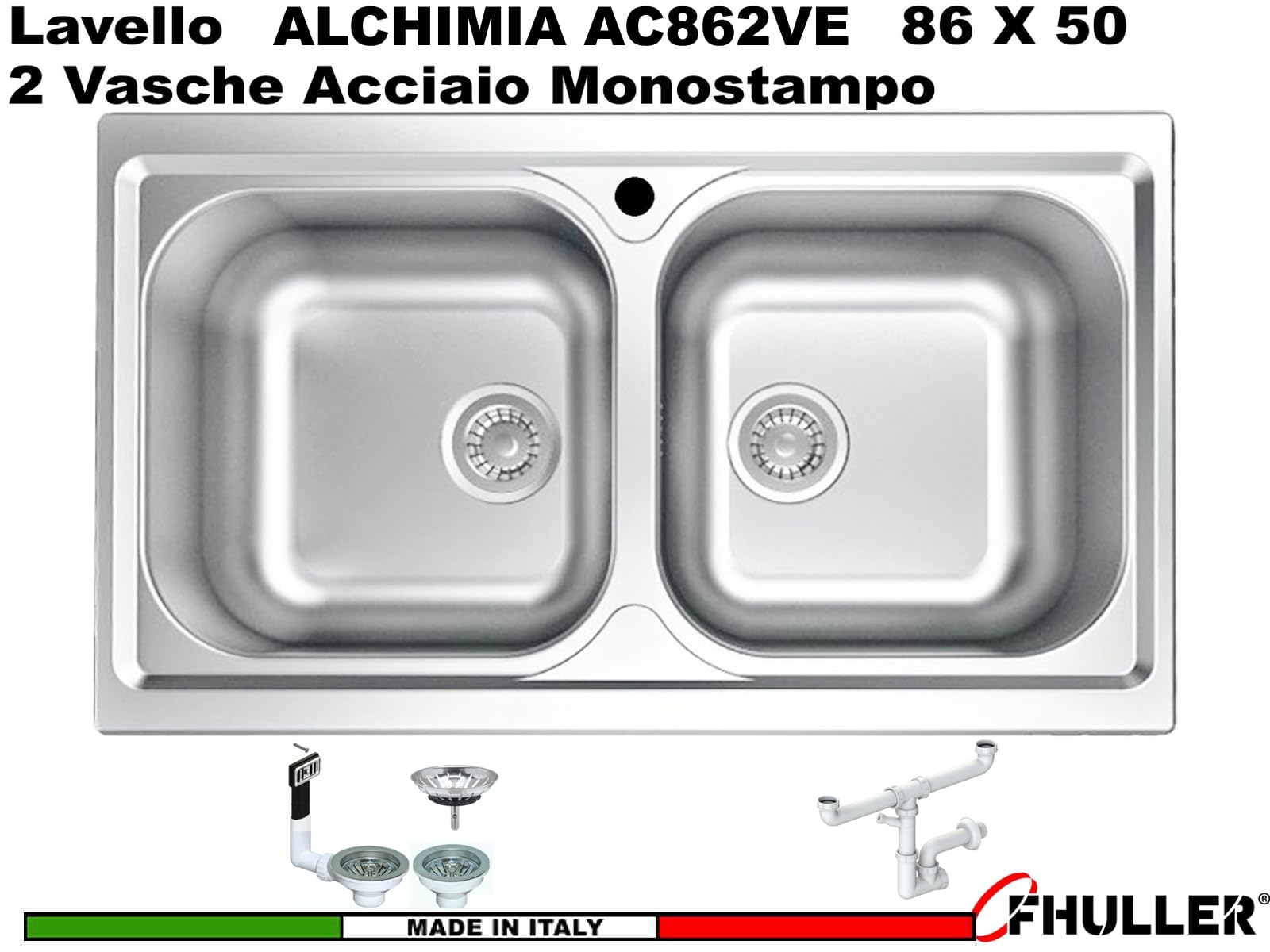 AC862PVE ● Lavello Incasso Cucina FHULLER Modello ALCHIMIA 86X50 2 Vasche Spessore 5/10 con Vasche STAMPATE Profonde 15 cm. Ralizzato in Acciaio Inox Prelucidato Made in Italy