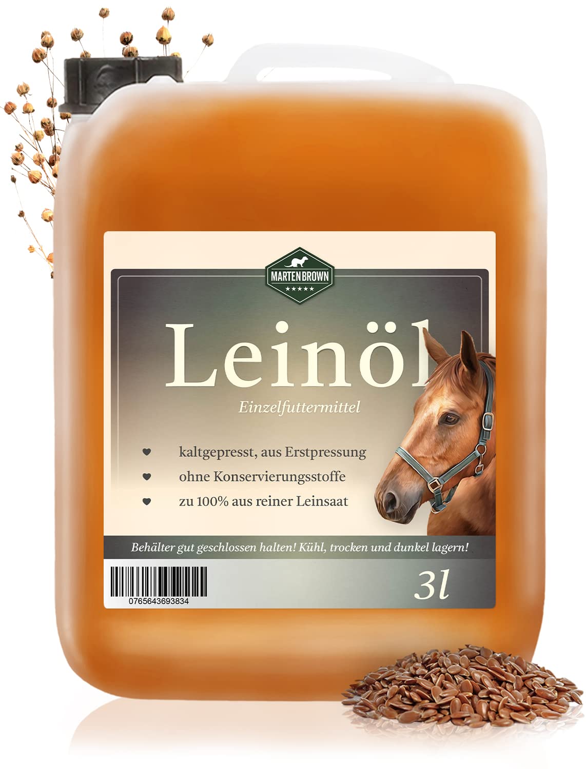 Martenbrown® Aceite de linaza prémium para caballos, perros y otros animales, en bidón XXL [3 litros] | prensado en frío y 100% puro y natural | Complemento alimenticio para animales