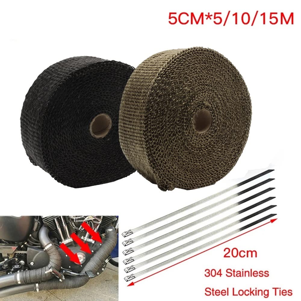 Benda Termica Per Scarico Marmitta Moto di Scarico Wrap Scudo Termico Nastro Isolamento Tubo In Fibra Vetro Con Fascette In Acciaio 5 cm * M/10 M/15 M(5cmx15m Black)