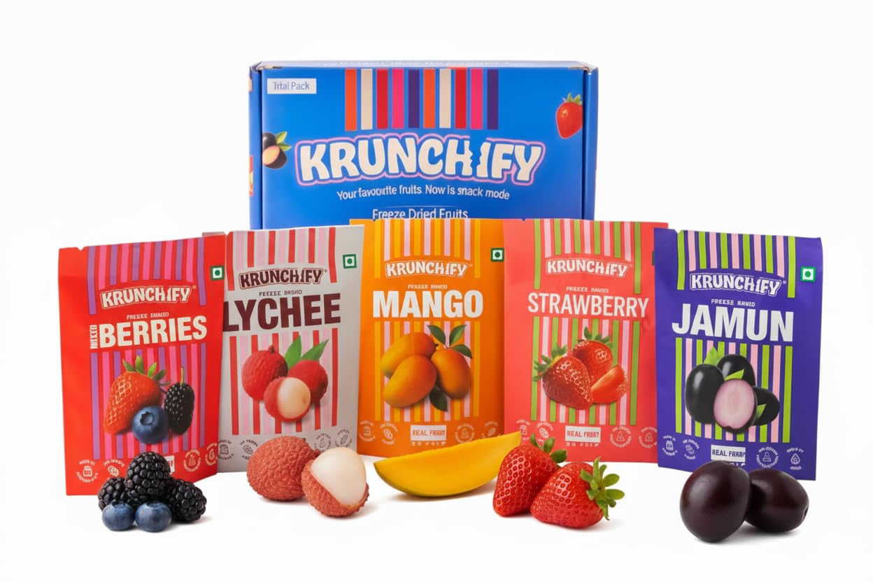 Krunchify Freeze Dried Mixed Mango, Strawberry, Lychee, Jamun, Mulberry, Blueberry Fruit Snack | No Added Sugar, No Preservatives | 100% Vegan | Healthy Snacks for Kids and Adults | Serving - 16g-image-16
