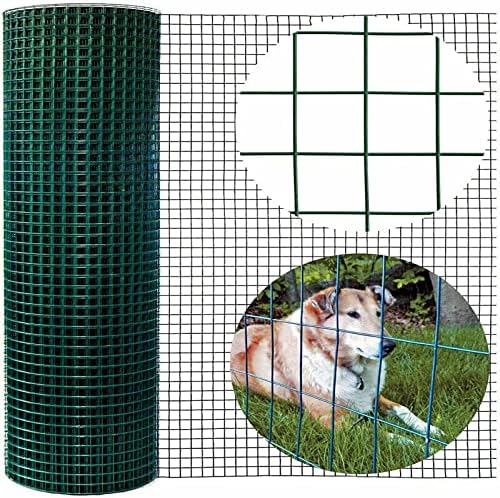 Wire Mesh Fence, Green PVC Coated Galvanised Steel Wire Garden Fencing Roll 90CMX10M, Mesh Hole Spacing 100mm x 75mm, Outdoor Flower Vegetable Animal Barrier