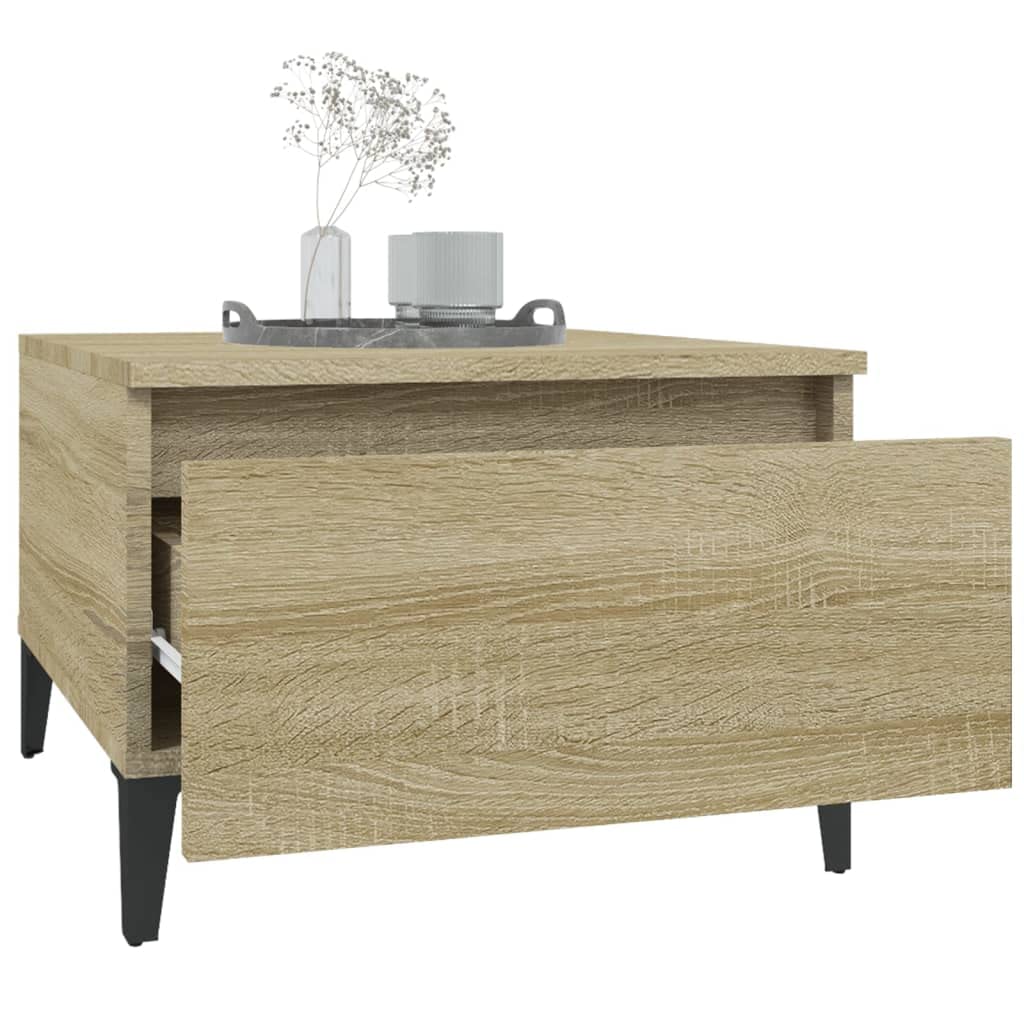 Stoliki pomocnicze, 2 sztuki, dąb Sonoma 50 x 46 x 35 cm, materiał drewnopochodny z szufladą i metalowymi nóżkami, stolik kawowy do salonu, sypialni, biura, nie zajmuje dużo miejsca i jest
