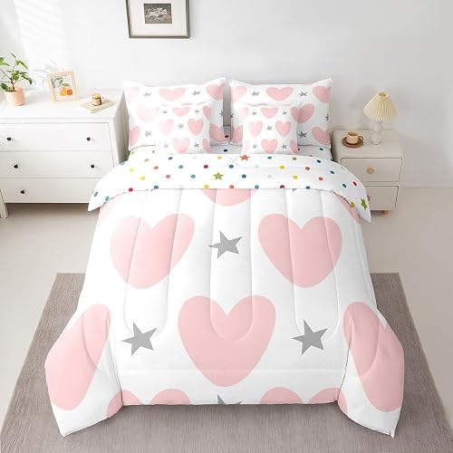 Feelyou Girls Cute Love Heart Comforter Set with Sheets 7 Piece Full Size