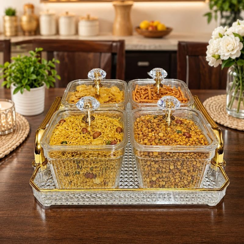 Image of Airtight Dry Fruit Container Tray Set with Lid | Candy Serving Tray With 4 Bowls - Snack, Nuts, Chocolates & Mukhwas | Multi-Function Storage Box| Acrylic Serving Dishes Box| Diwali & Wedding Gift Box