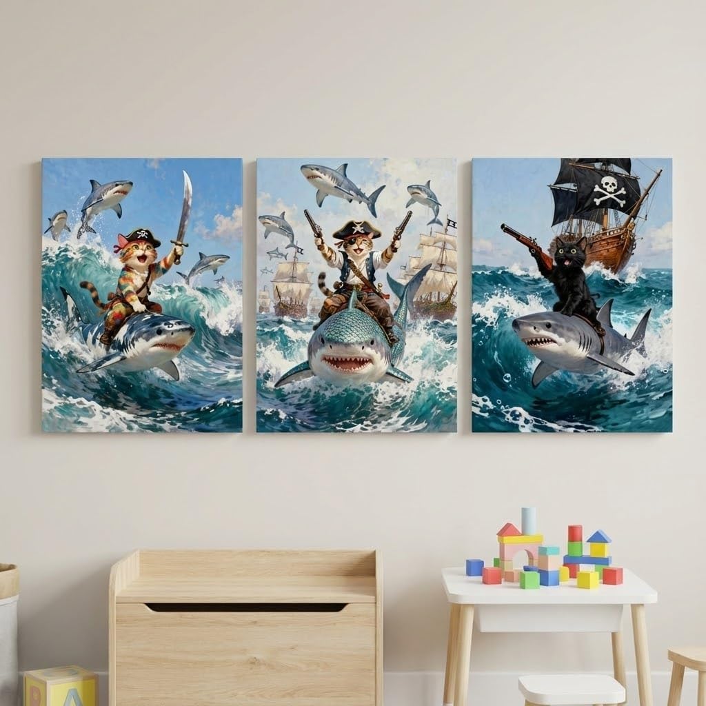 Artiluxy Set of 3 Pirate Cat Canvas Wall Art, 12x16 Inch Funny Animal Ocean Adventure Prints, Kids Room Playroom Nautical Wall Decor, Stretched Canvas with Wooden Frame