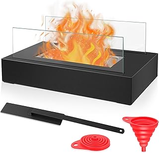Table Fireplace, Rectangular Bioethanol Table Fireplace, Square Table Fireplace, Bioethanol Fireplace with Natural Stones, Extinguishing Aid and Funnel, Black Table Fire, Glass Fire, Ethanol Fireplace