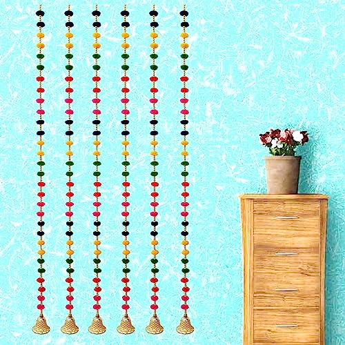 Image of DSCYENTES Pom Pom Door Side Hangings for Decoration, Ganesh Chaturti Decoration, Wall Hanging for Main Entrance,Temple Pooja Room, Stylish & Handmade Diwali Hanging (4 Feet, 6 Pc's)