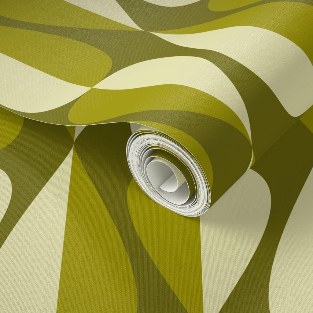 Peel & Stick Wallpaper 3ft x 2ft - Green Retro Spades Mid Century Modern Vintage Cool 70S 60S Avocado Hourglass Teardrop Oval Custom Removable Wallpaper by Spoonflower
