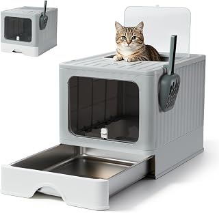 Covered Enclosed Stainless Steel Cat Litter Box,Top Lid with Door(Dog Proof Cat Litter Box),Includes Litter Scoop, Odorless Design, Large Capacity Suitable for Kitten,Medium Cats