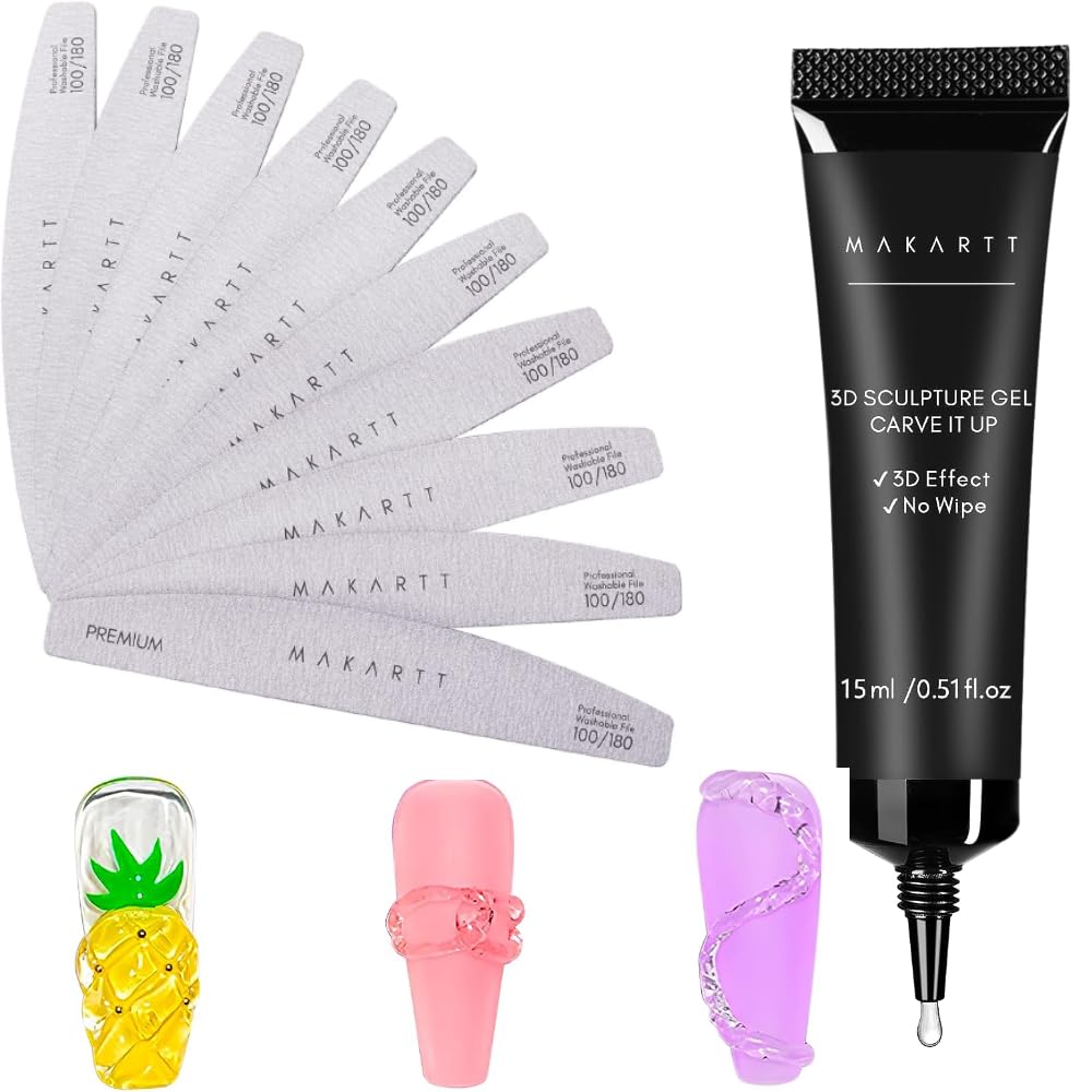 Makartt Nail File 100/180 Grit Nail Files for Acrylic Nails Bundle with 15g 3D Nail Gel Sculpting Gel Nail Art Glue for Nail Art Designs DIY Nail Craving 3D