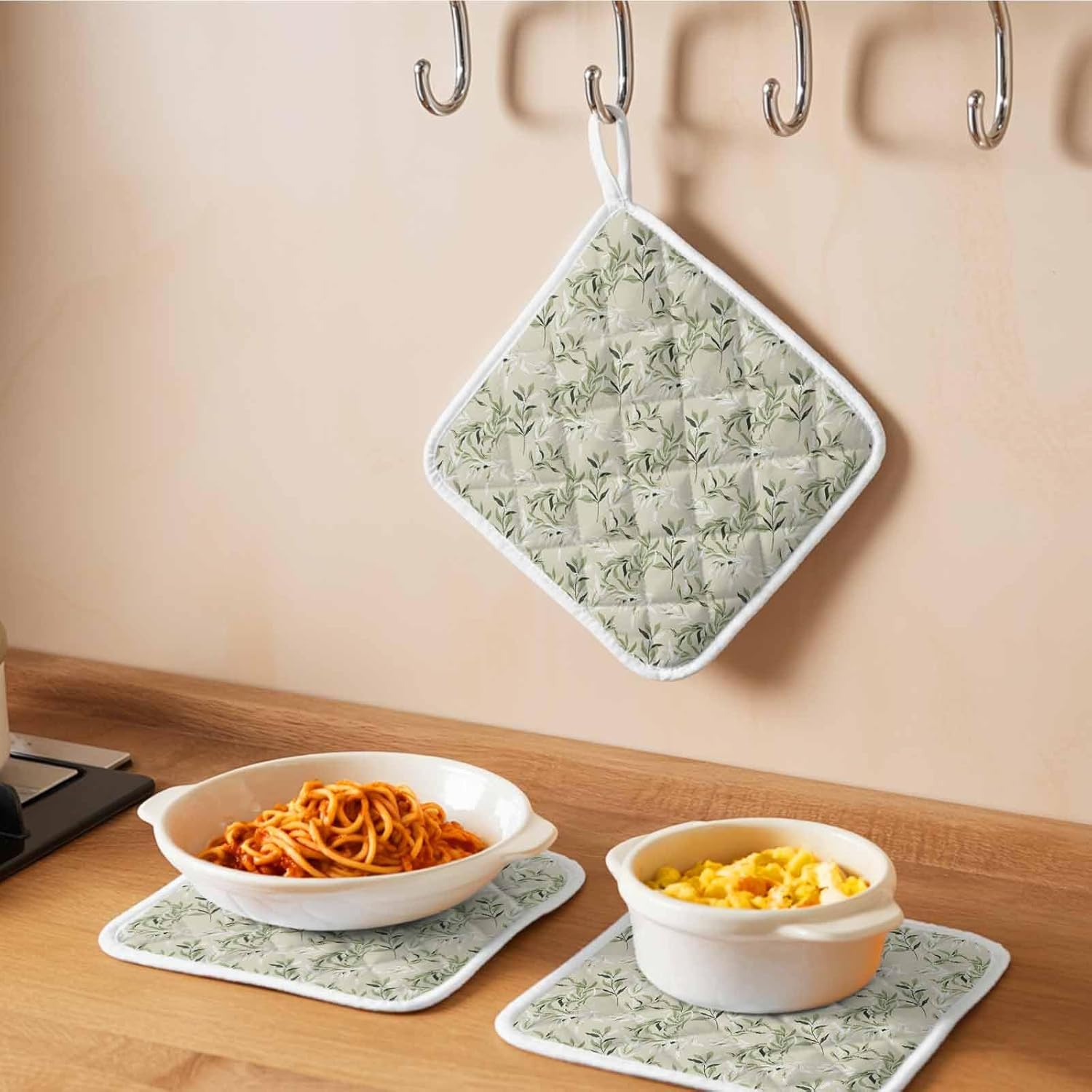 5 Pack Pot Holders for Kitchen, Green Eucalyptus Leaves Hot Pads for Kitchen Countertops Oven Pot Holder Bulk, Spring Watercolor Plant Textured Heat Insulation Potholders with Hanging Loops