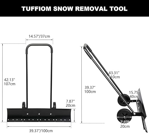 Miniatura 7 de TUFFIOM Pala empujadora de nieve para calzada con ruedas, 29 pulgadas de ancho, pala de quitanieves resistente, palas de nieve con ruedas para