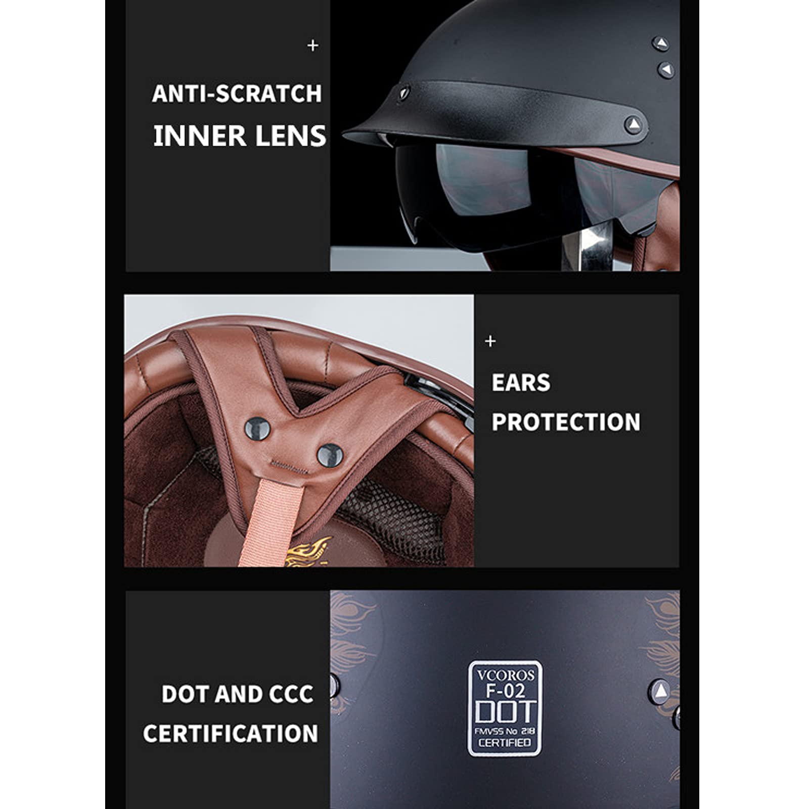 Demi-Casque Moto Ouvert Certifié ECE - Visière Rétractable Marron - Tailles S-2XL 55-64cm - Style Casquette Baseball