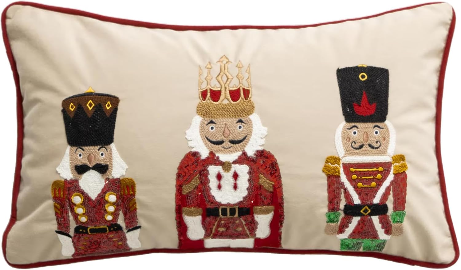 Fennco Styles Embroidered Sequin Nutcracker Velvet Throw Pillow Cover 18" W x 18" L - White Festive Cushion Case for Home, Christmas, Winter Holidays Décor, and Special Occasions