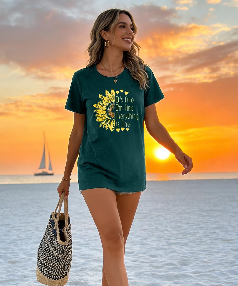 Women's I'm Fine Everything is Fine T-Shirts Sunflower Short Sleeve USA Flag Casual Cute Funny Graphic Tee Blouse Tops - Image 5