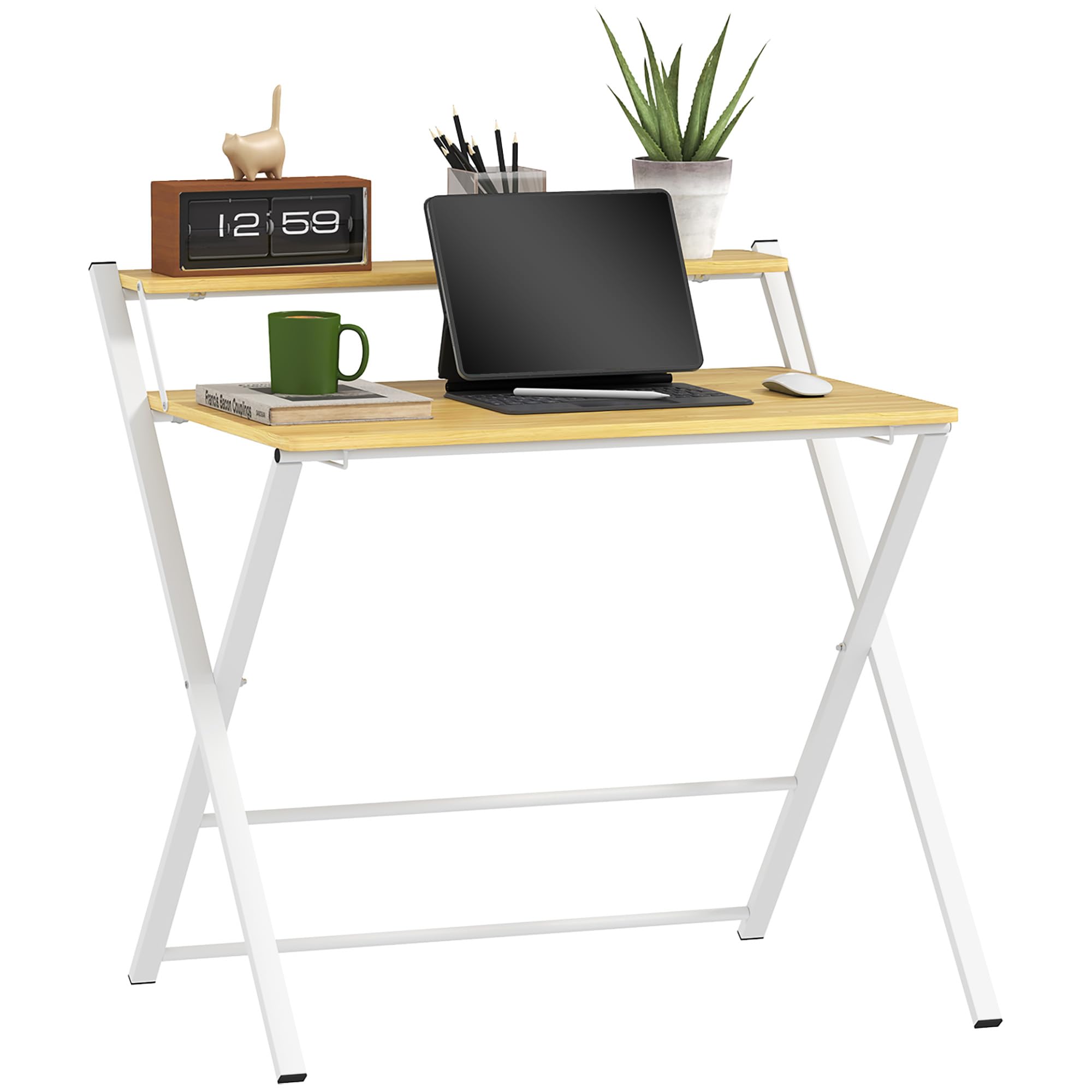 HOMCOM Escritorio Plegable Mesa de Escritorio Plegable con Estante Abierto Escritorio Pequeño para Estudio Hogar Oficina 86x66x82 cm Natural