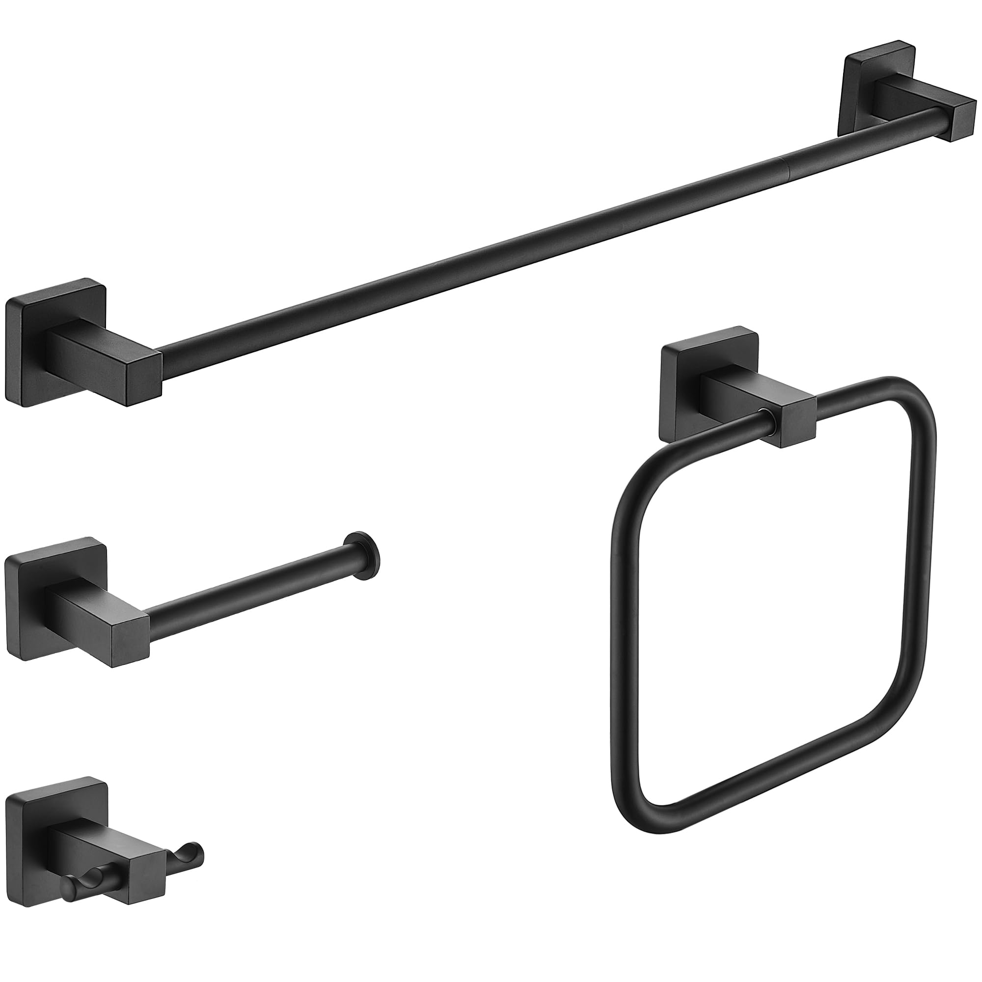 WPT 4-Piece Bathroom Hardware Set, Matte Black Adjustable Expandable 24 inches Towel Bar Set Stainless Steel Bathroom Hardware Accessories Set Wall Mounted