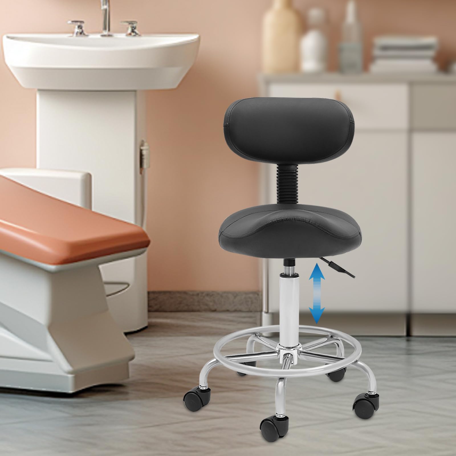 Saddle Taburete con Respaldo, Taburete Elevador para Oficina Spa, Ajustable Rolling Saddle Stool con Ruedas, Silla de Oficina Giratoria Altura Ajustable Silla Giratoria 360° (Negro)