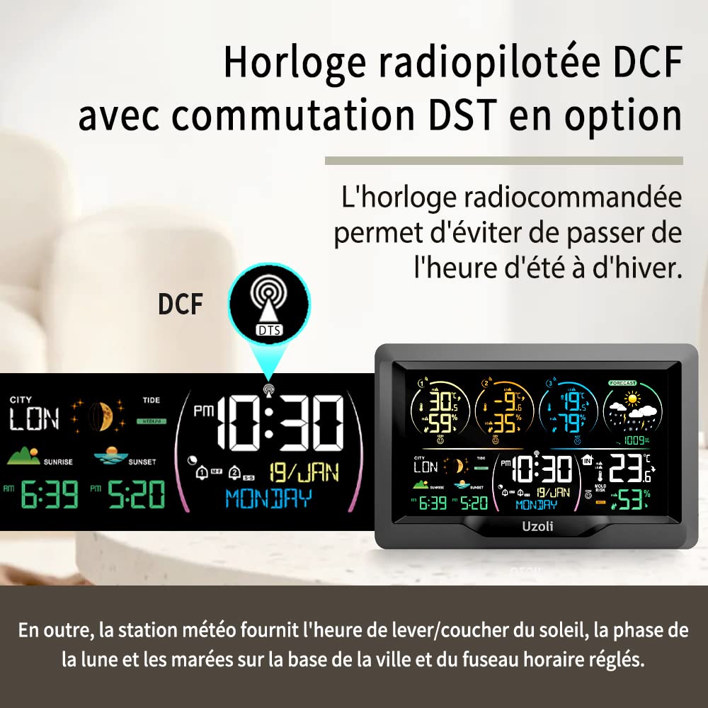 Uzoli EM3390 Station météo sans fil avec 3 capteurs, Horloge DCF | Thermomètre-hygromètre, Écran couleur, Prévision météo, Pression, Lever du soleil, Phase lunaire, Alerte risque de moisissure
