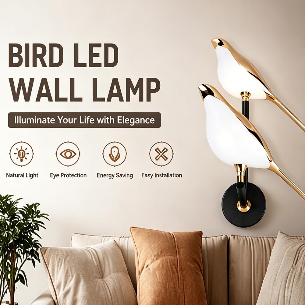 Lampada da parete Holigie Nordic Bird, luce naturale 4500K, moderna lampada da parete decorativa a LED per soggiorno e camera da letto