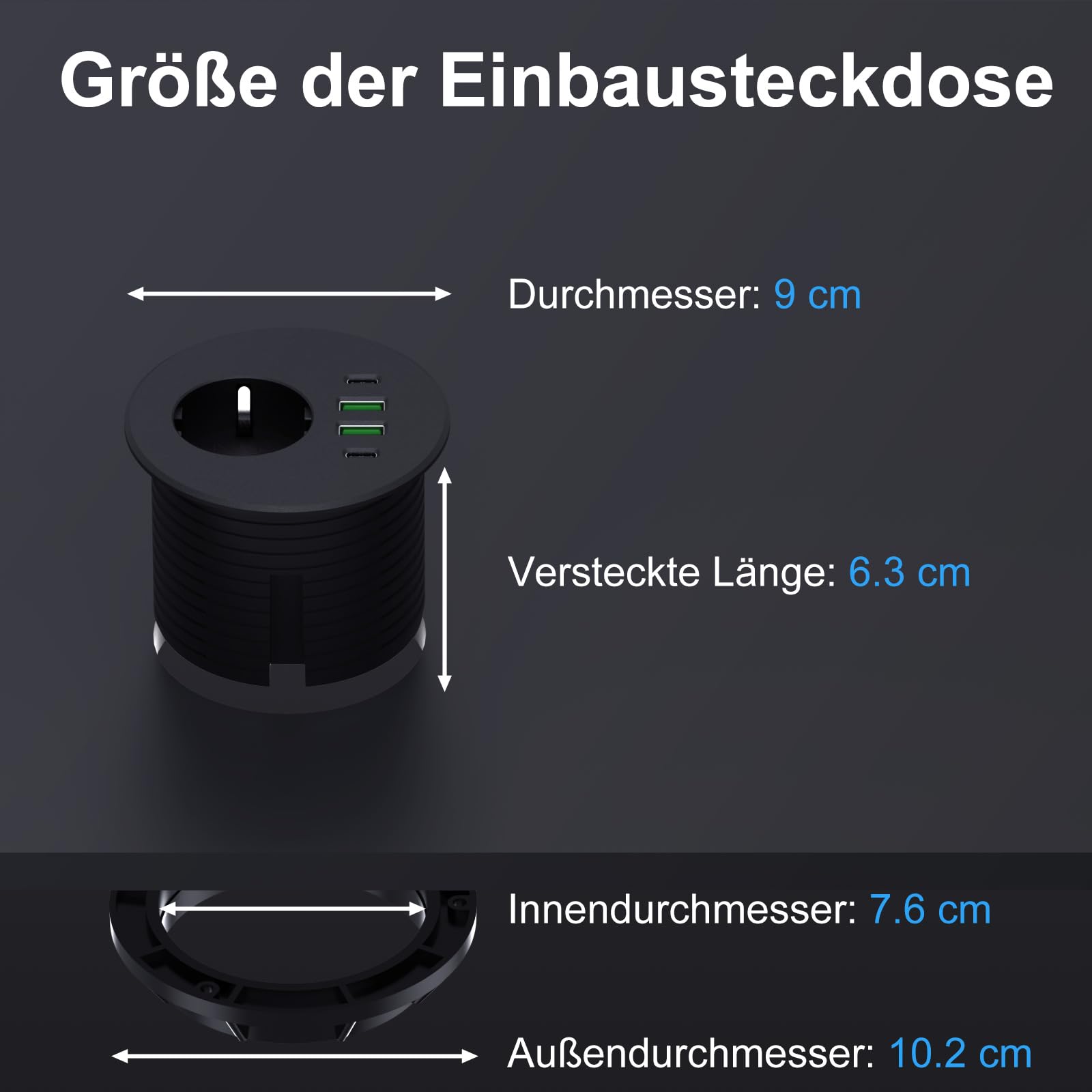 Enchufe empotrable con 65 W USB C, enchufe de mesa Haiaoyyds equipado con 1 Schuko, 2 puertos USB-A, 2 conectores USB-C y cable de alimentación de 2 m, regleta empotrable para orificio de mesa de 76