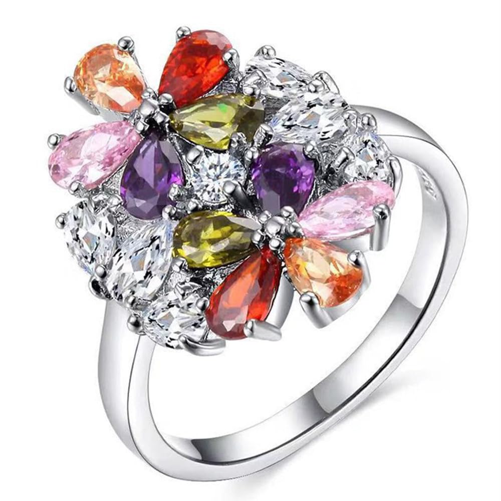 Delicate Colorful Diamonds Flower Rings Dainty Cz Crystal Blossom Leaf Charm Statement Promise Engagement Eternity Cubic Zircon Ring Wrap Middle Thumb Finger Fashion Jewelry for Wedding Women