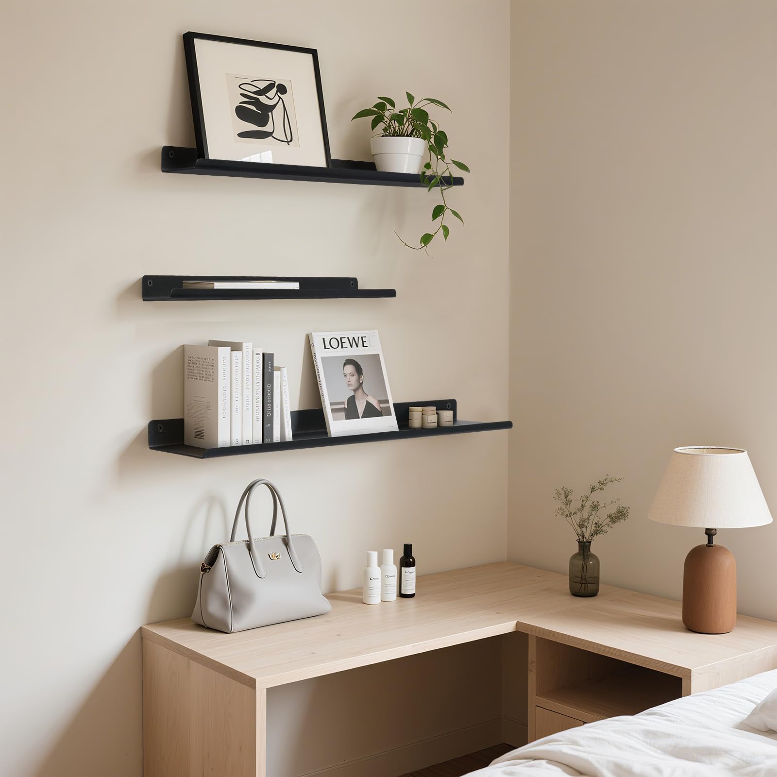 Uten Etagere Murale en Métal, Lot de 3 Étagère Murale Flottante, pour Salon, Cuisine, Salle de Bain,Chambre, Noir