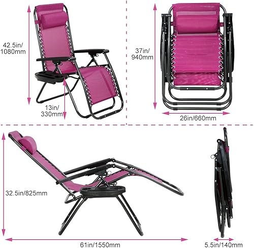 Miniatura 9 de Silla Zero Gravity para patio, tumbona, paquete de 2 sillas reclinables plegables ajustables para exteriores con bandeja portavasos, almohadas para