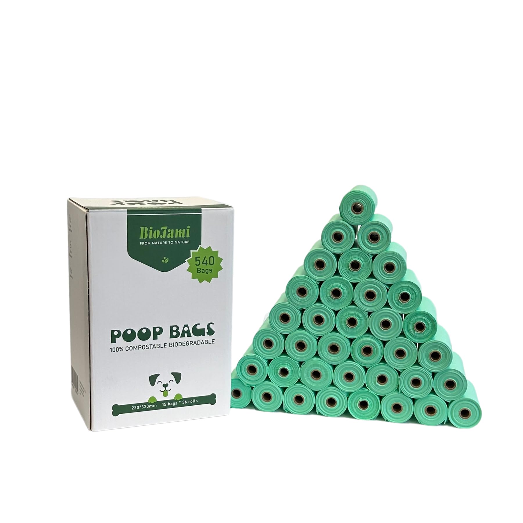 BIOFAMI Bolsas Caca Perro 100% Biodegradables, 540 Bolsas, Materiales Compostables a base de Almidón de maíz, Sin fragancia, Certificación US BPI y EU EN13432 OK Compost Home