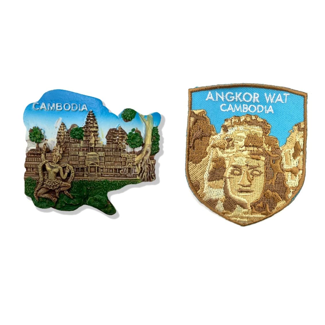 A-ONE Angkor Wat - Set Souvenir: Magnete 3D Per Frigorifero (6,8 Cm) + Toppa Adesiva Nokor Wat (7,9 Cm) - Regalo Di Viaggio Cambogia