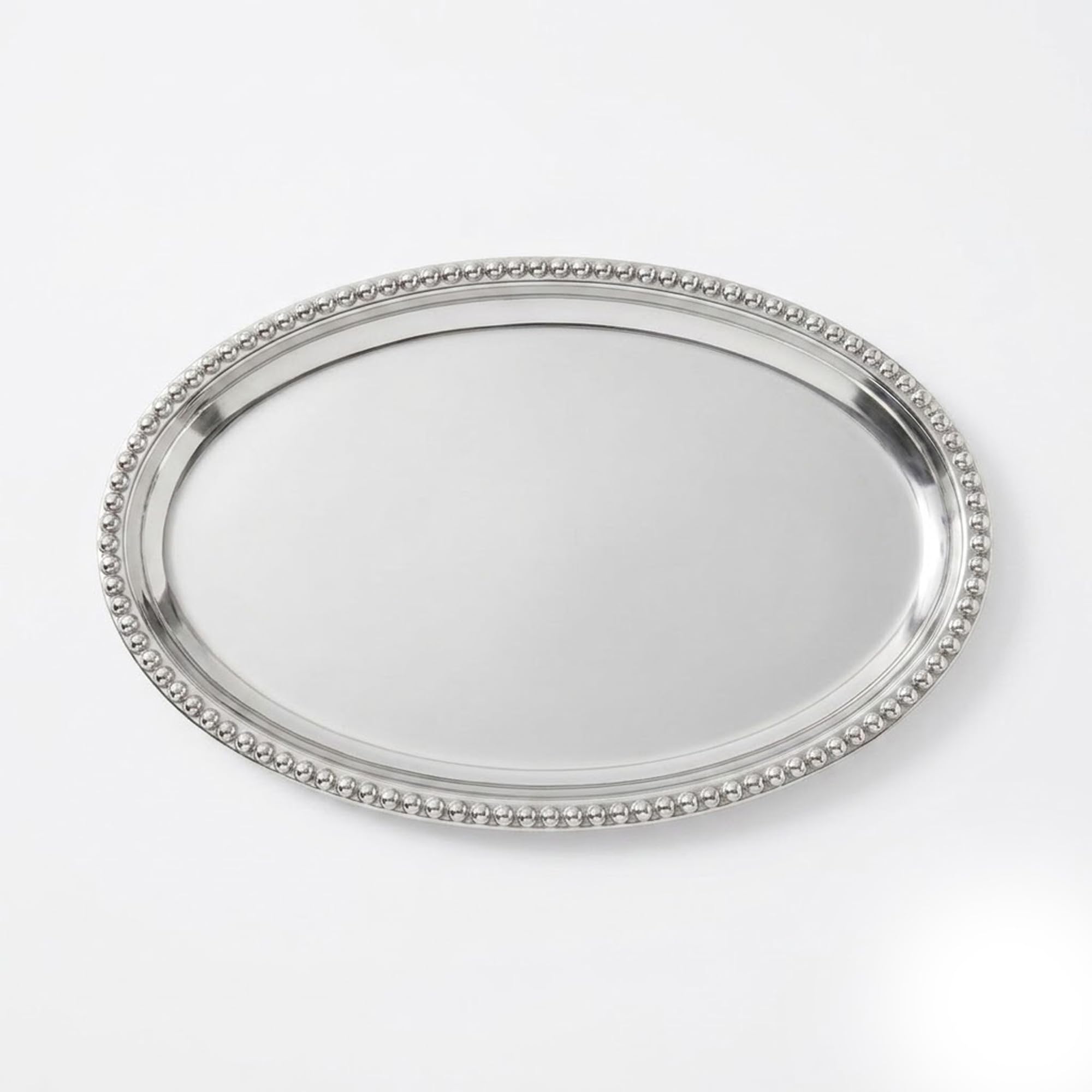 IHI EST. 1986 Silver Metal Beaded Decorative Tray, 12 x 6.5 Inch Oval Serving Tray, Elegant Centerpiece for Coffee Table, Vanity, Entryway and Home Décor