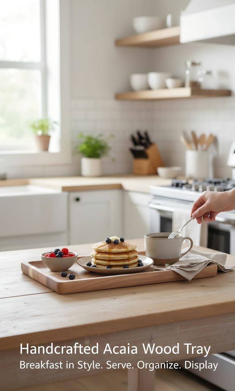 2 PCS Solid Acacia Wood Serving Trays Rectangular Wooden Serving Platters Natural Wooden Boards for Bar Coffee Party 13.5 * 9.5 inch (13.5 * 9.5) - Image 4