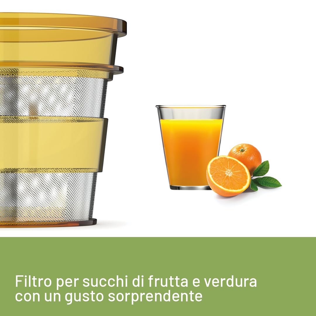 Imetec Succovivo Pro 2000, Estrattore di Succo, Spremitura a Freddo 48 Giri/Min, 100% Vitamine, Filtro per Succhi, Filtro Succhi con Fibre, Cestello per Sorbetti, Ricettario