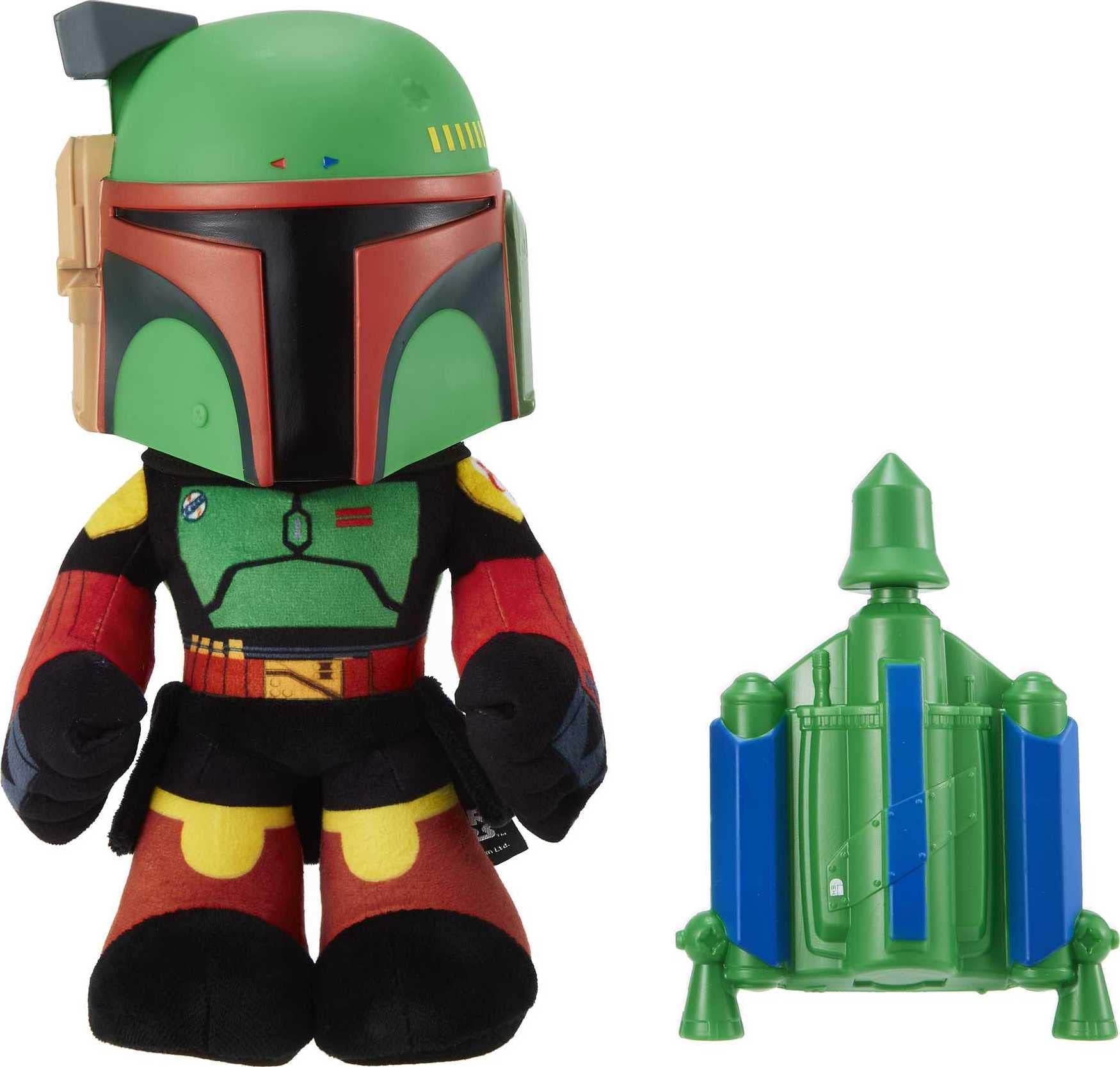 Star Wars Plush 12-inch Toy, Boba Fett Rocket Launching Soft Doll, Removable Air-Powered Rocket Launcher with Projectile